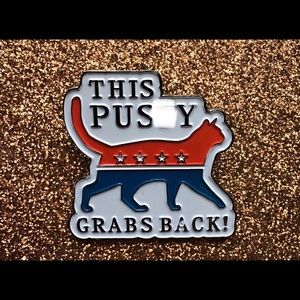 This kitty grabs back feminist pin